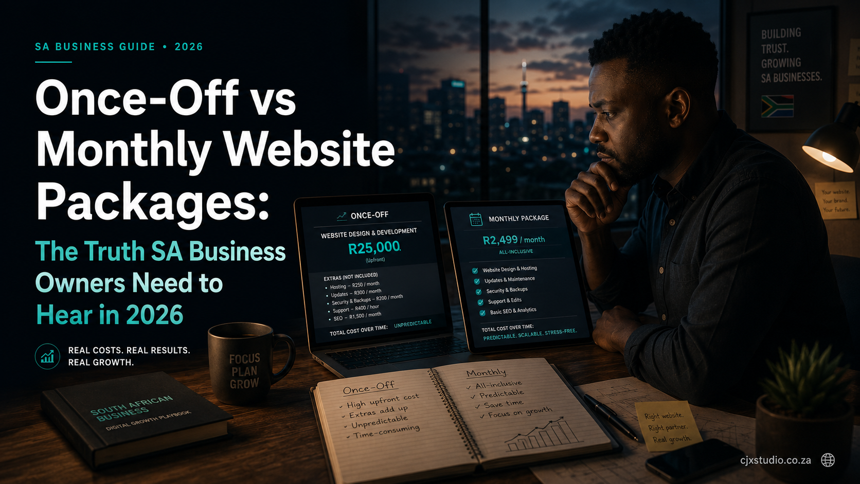 South African business owner comparing once-off vs monthly website packages at his desk in 2026