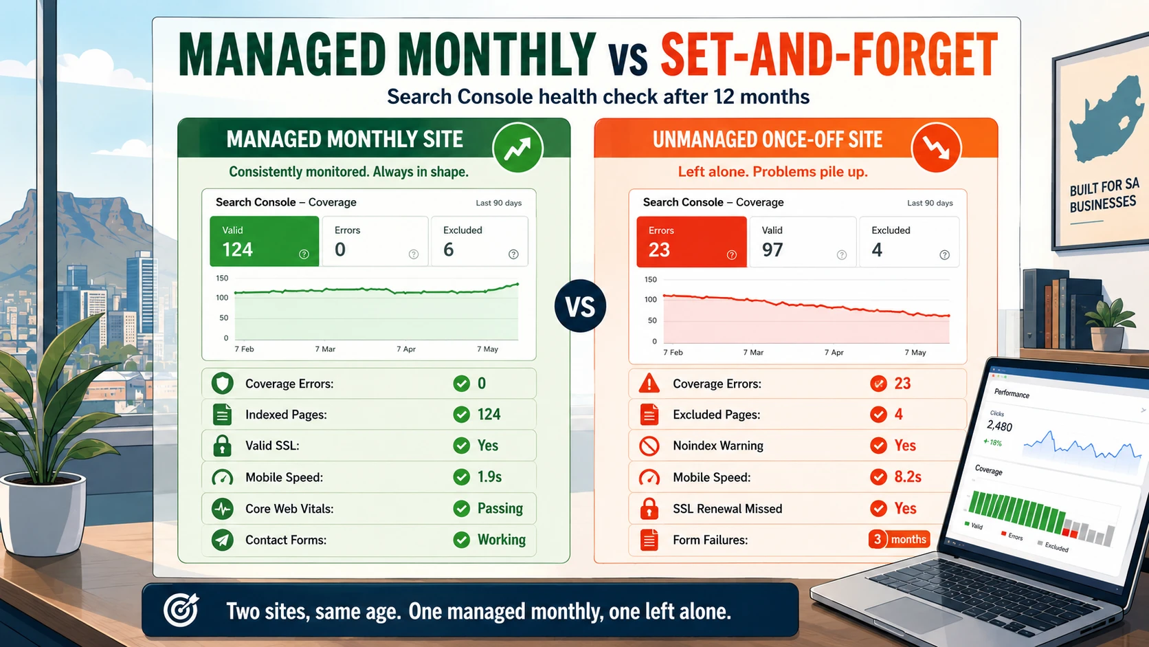 Google Search Console health check after 12 months: managed monthly website vs unmanaged once-off website