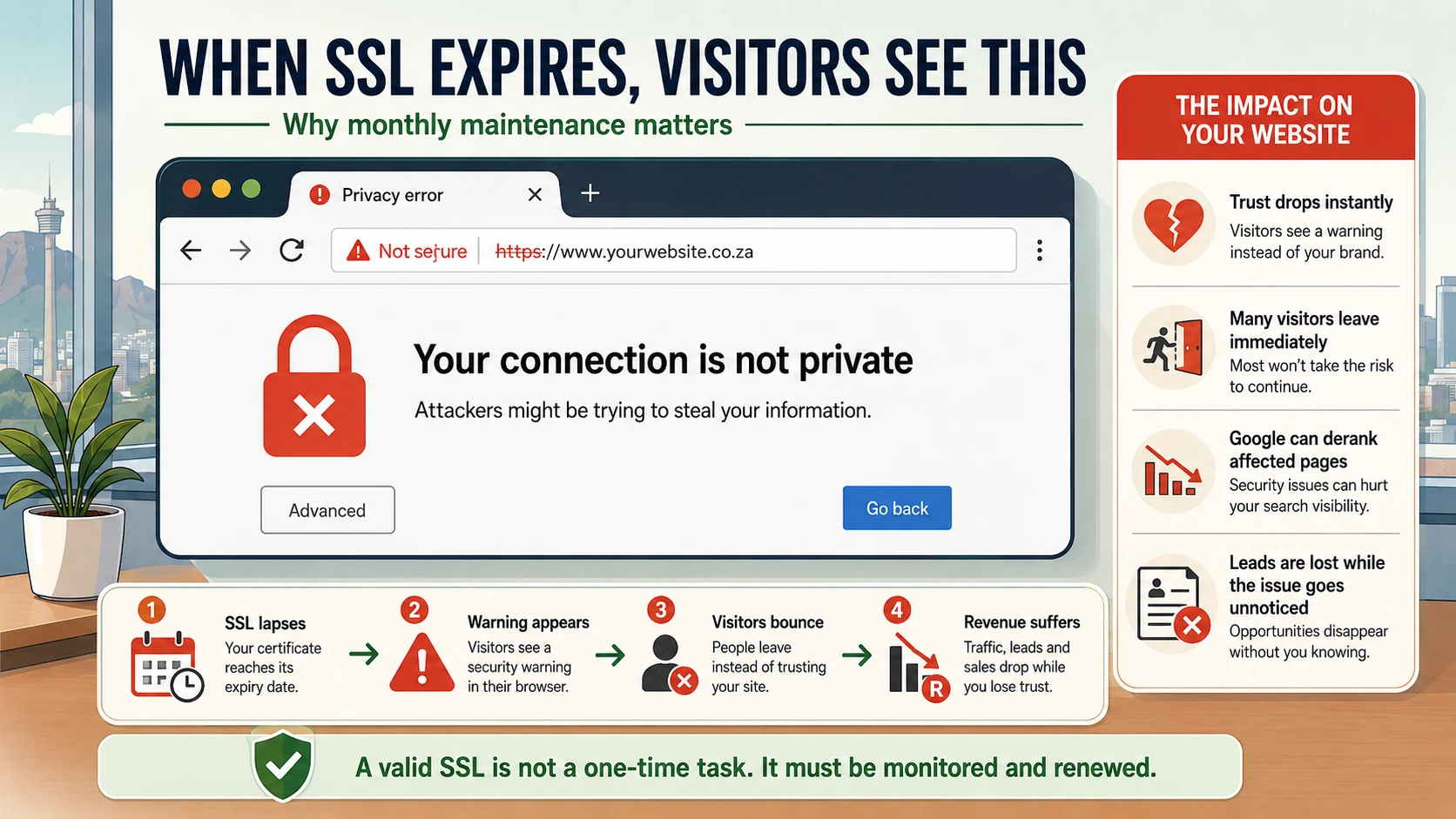 What visitors see when an unmanaged website's SSL certificate expires — browser privacy error warning