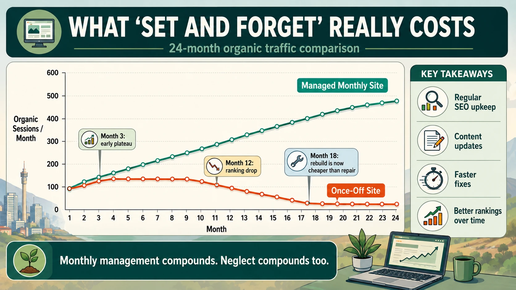 24-month organic traffic comparison: managed monthly website vs once-off website South Africa