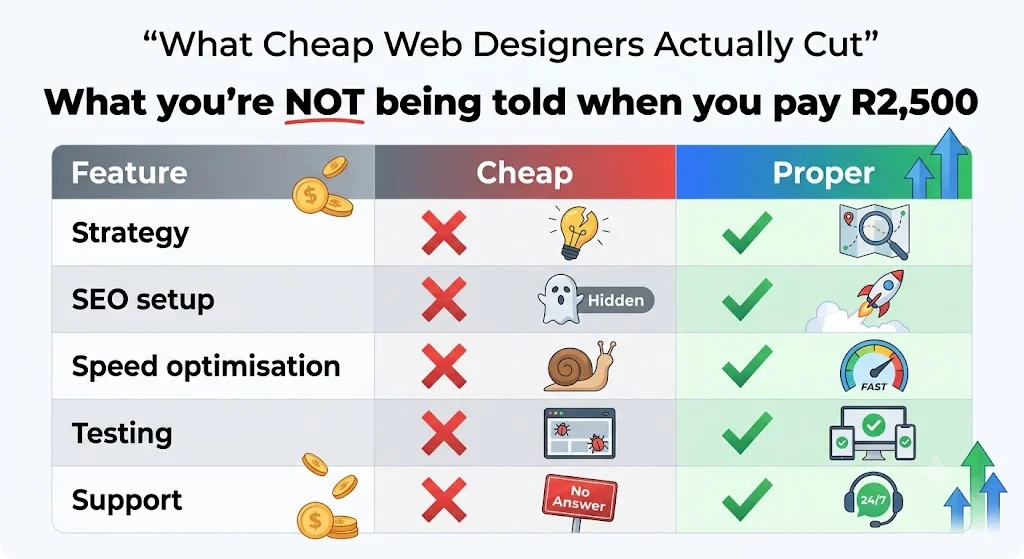 Comparison table showing what cheap web designers cut versus what a professional website includes: strategy, SEO setup, speed optimisation, testing, and support