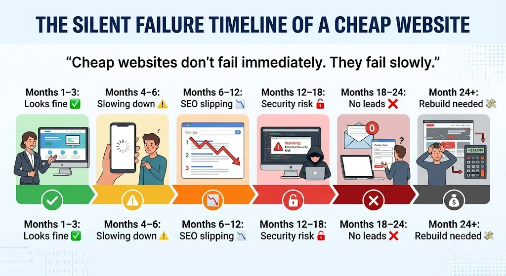 Timeline showing the silent failure of a cheap website: months 1-3 looks fine, months 4-6 slowing down, months 6-12 SEO slipping, months 12-18 security risk, months 18-24 no leads, month 24+ rebuild needed