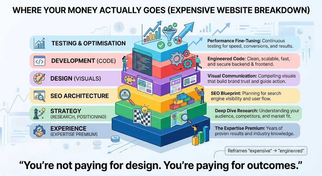 Pyramid diagram showing where your money goes in a professional website: experience and expertise at the base, then strategy, SEO architecture, design, development, and testing and optimisation at the top