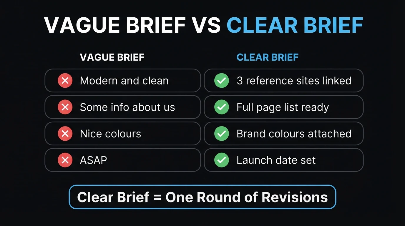 Vague brief versus clear brief comparison: reference sites, full page list, brand colours, and a set launch date