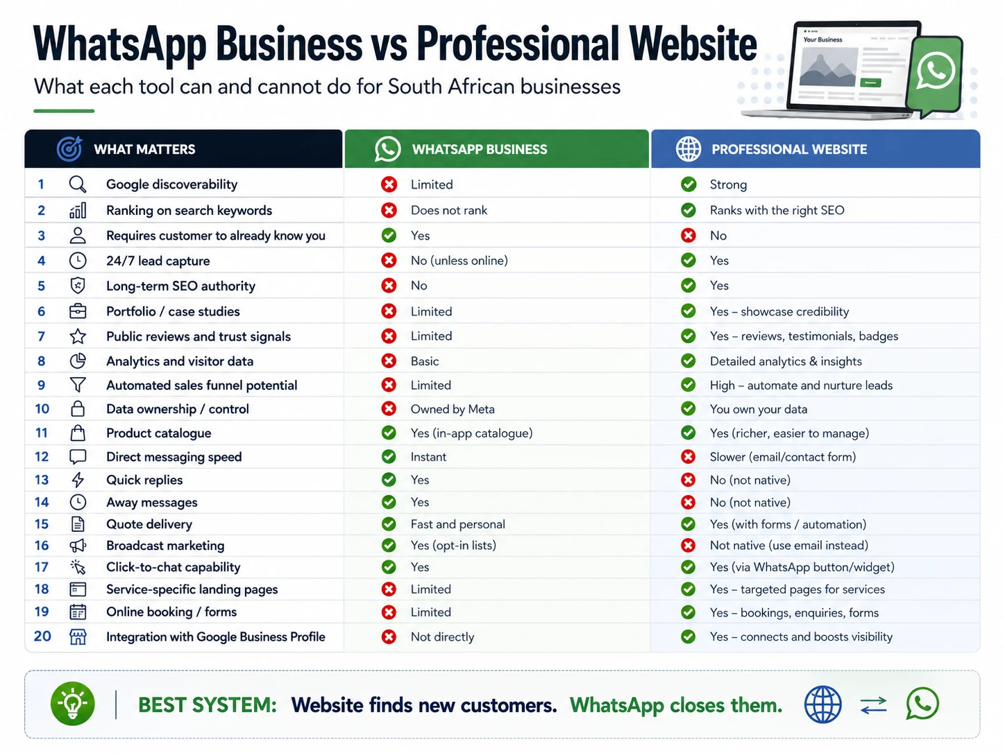 Feature comparison: WhatsApp Business vs a professional website — showing Google discoverability, lead capture, SEO authority, portfolio, analytics, and credibility capabilities