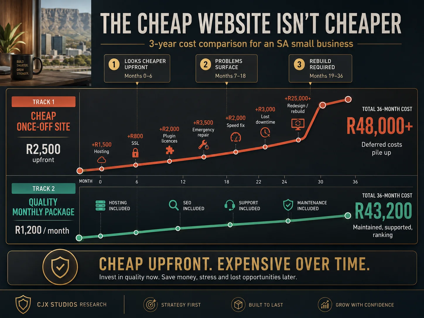 Three-year timeline comparing cheap once-off website costs against a maintained monthly website package