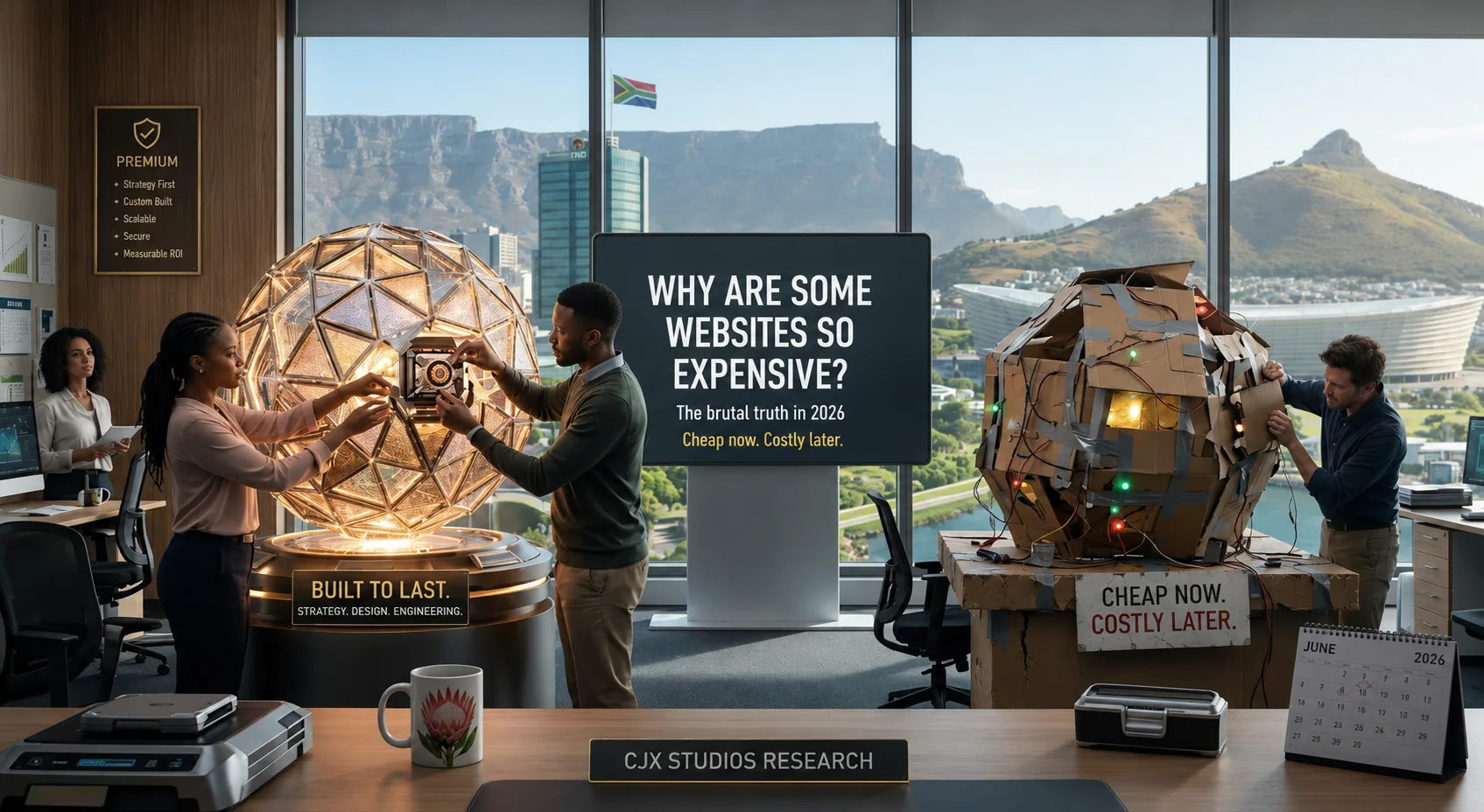 South African office comparing a premium website build with a cheap website build