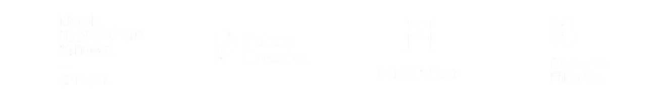 CJX Studios client logo strip featuring Kiosk, Palma Creativa, Hit and Miss and Brownie Film Co