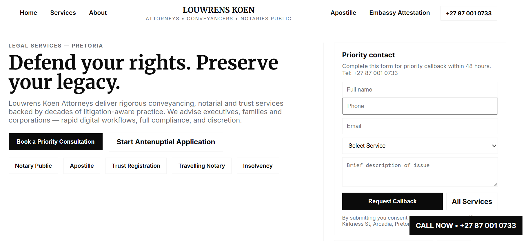 Conveyancing and property law firm website mockup for a Johannesburg practice with Fidelity Fund credentials visible