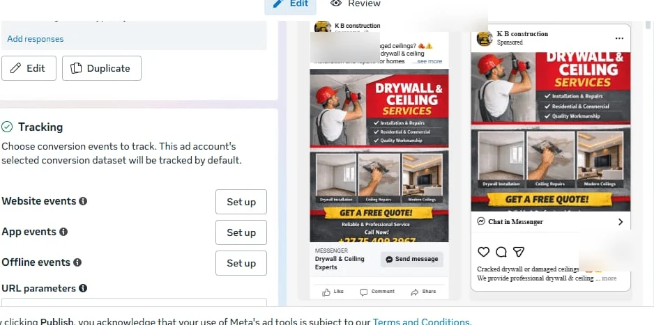 Facebook drywall and ceiling ad preview proof