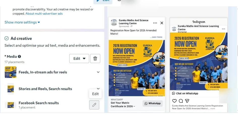 Meta school registration ad placement preview proof